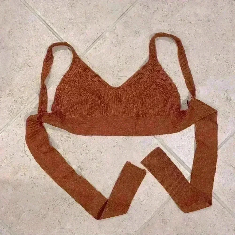 Forever 21 Rust Orange Tie Back Woven Knit Summer Festival Boho Hippie Crop Top - Picture 5 of 5